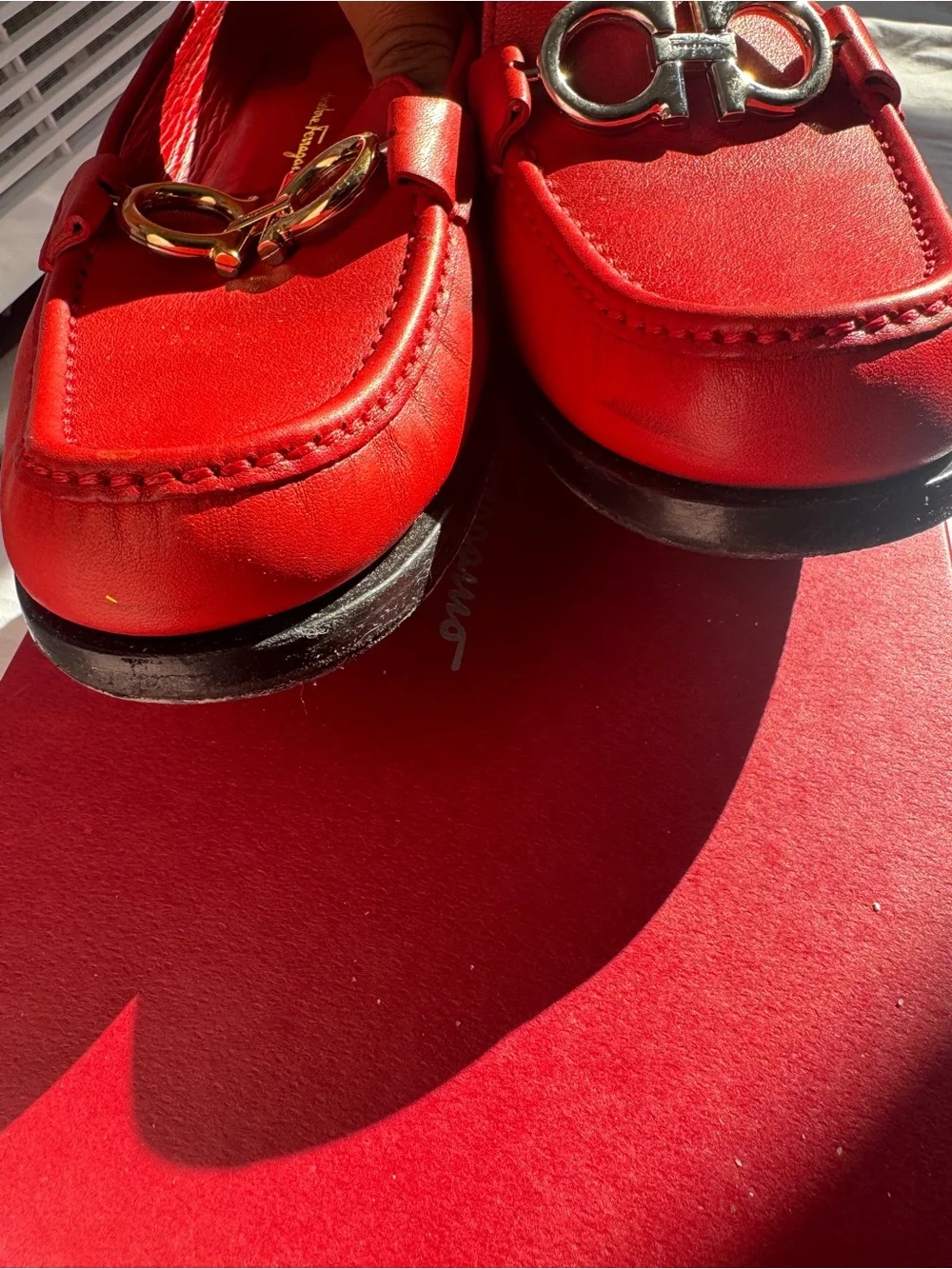 Salvatore Ferragamo Red Leather Vara Bit Loafers with Gold Hardware - Picture 11 of 11